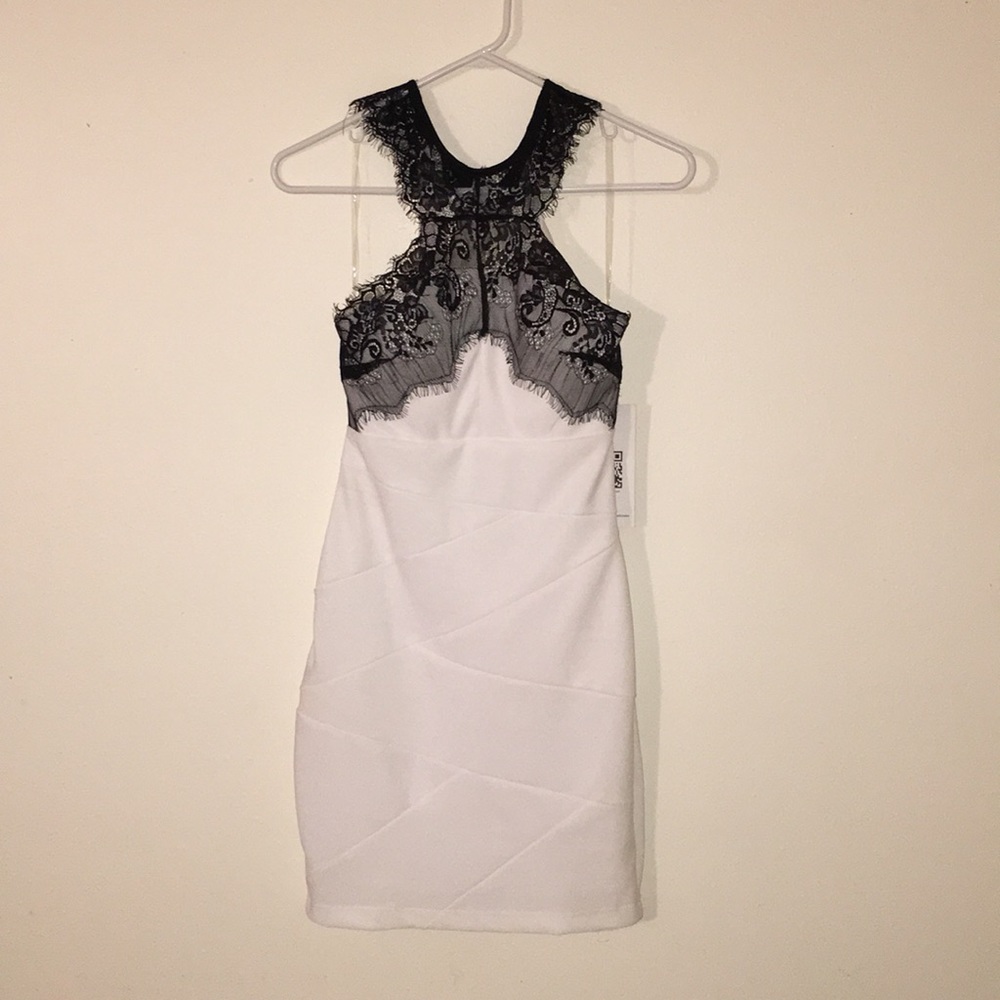 Emerald Sundae White Bodycon Dress with Black Lace